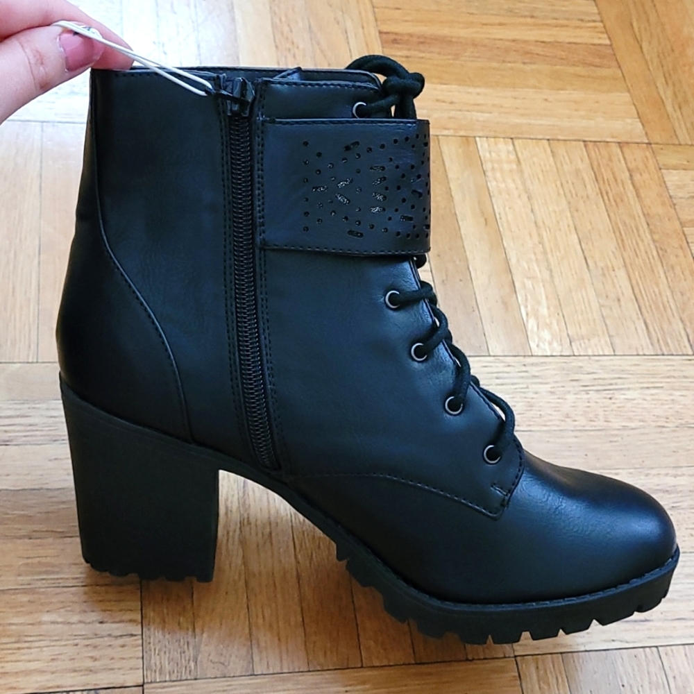 NWT Black Lace Up Boots with Zipper and Decorative Strap - 3 Inch Heels - Picture 6 of 13